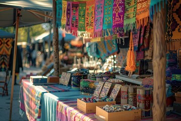 Obraz premium Flea market booth, colorful 25 off banner, midday sunlight, medium angle shot