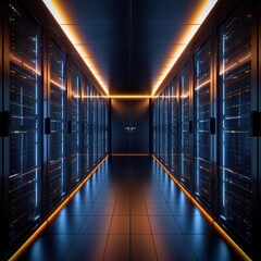 Futuristic data center corridor with illuminated server racks, showcasing modern technology and sleek design.