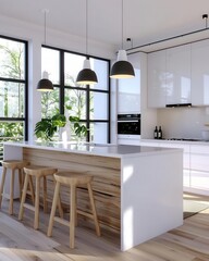 Fototapeta premium Bright and modern kitchen with island, natural light, and stylish decor perfect for contemporary home.