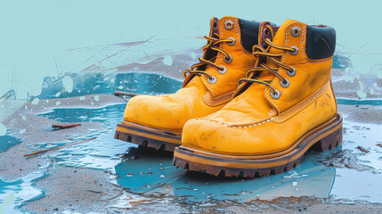 Pair of sturdy waterproof work boots standing in a muddy puddle, emphasizing durability and outdoor ruggedness.