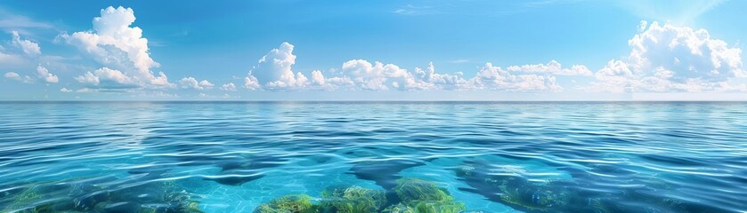 Fototapeta premium Tranquil blue ocean with horizon, calm sea meeting the sky, serene marine view
