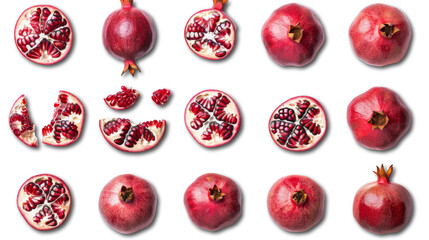 Set of pomegranate isolated on white. Pomegranate whole and sliced, seeds