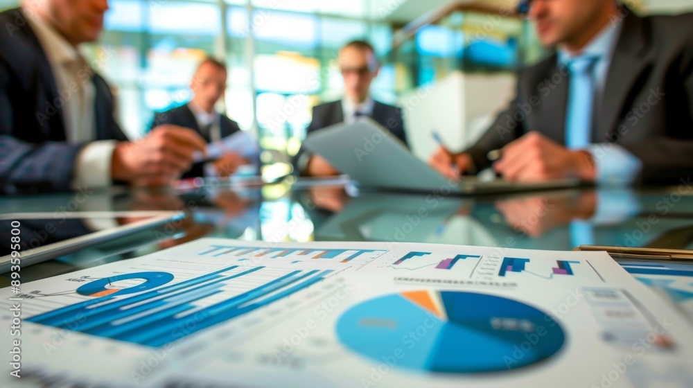 Poster a group of business executives reviewing financial reports and discussing investment strategies in a