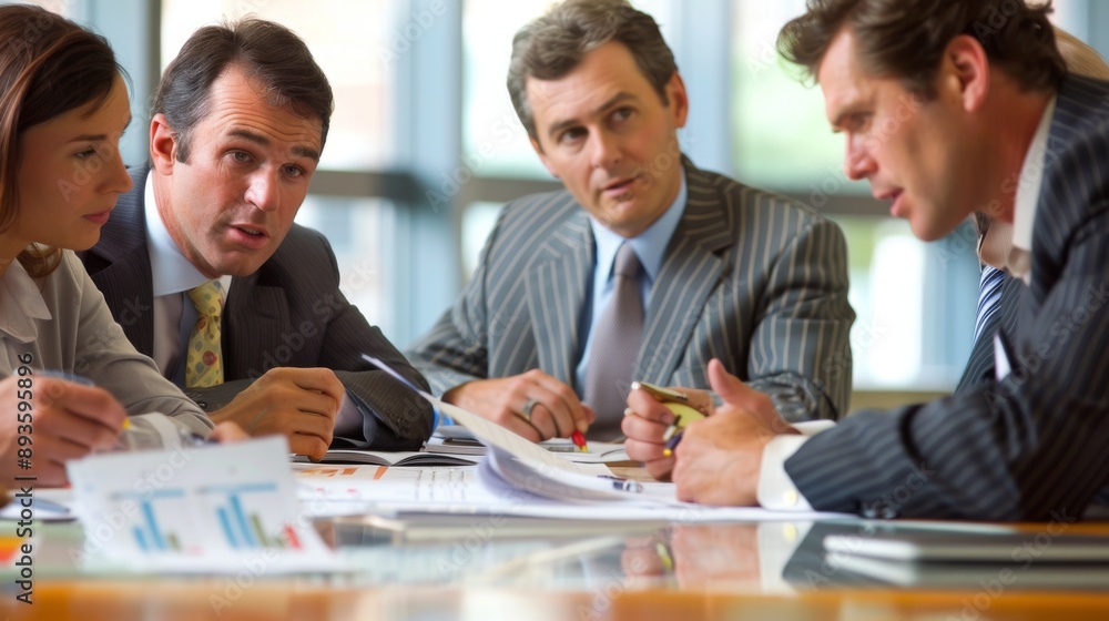 Poster a group of business executives reviewing financial reports and discussing investment strategies in a