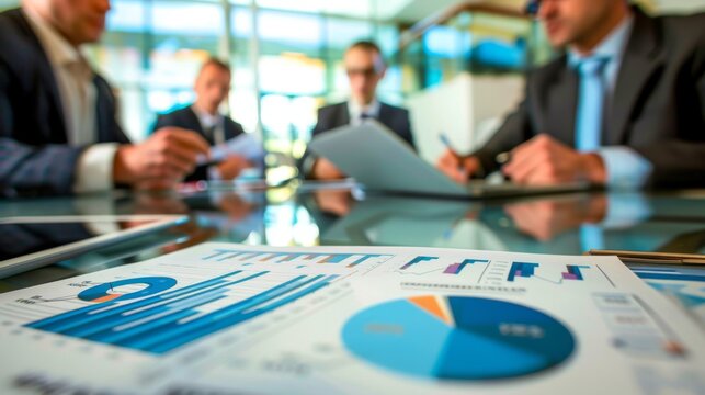 A group of business executives reviewing financial reports and discussing investment strategies in a boardroom.