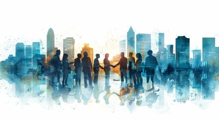 Obraz premium A group of business partners shaking hands after a successful financial negotiation, with a cityscape background