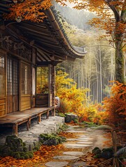 Fototapeta premium A traditional wooden house in Kyoto, surrounded by a zen garden and bamboo forest