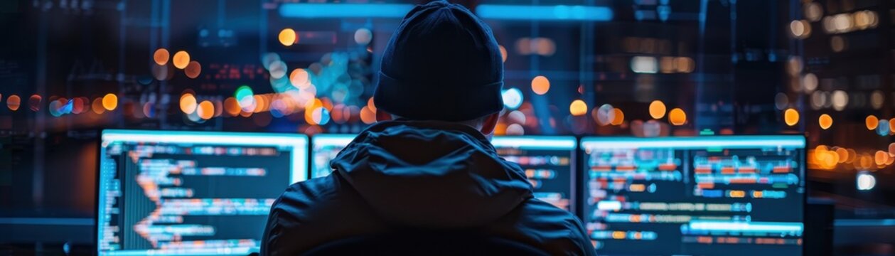 A programmer working late at night surrounded by multiple computer screens displaying code in a high-tech urban office setting.