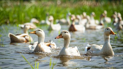 Obraz premium A group of ducks swimming freely in a flooded rice paddy, contributing to pest control.