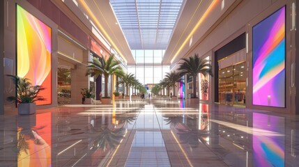 Sleek digital screen in a modern mall, vibrant 40 off animation, wide shot, daytime setting