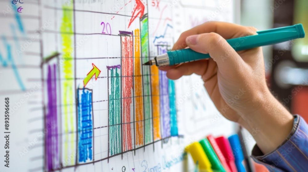 Poster a hand drawing a bar graph on a whiteboard during a business presentation, with markers and erasers 
