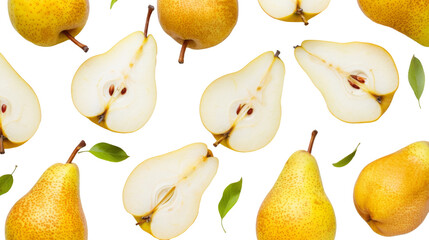 background with pears isolated on white, whole and cut in half