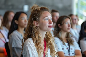 Obraz premium Empowering Diversity in Public Speaking Workshop: Engaged Participants in Vibrant Lighting