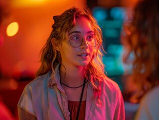 Engaging Language Learning Workshop with Energetic Participants Practicing Conversations in High-Resolution Detail and Vibrant Lighting