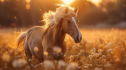 Golden Hour Grace: A Palomino Horse Runs Through a Field of Dandelions at Sunset. Generative AI