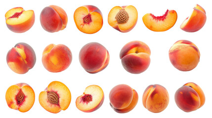 Set of peaches isolated on white. Whole peach and cut in half.