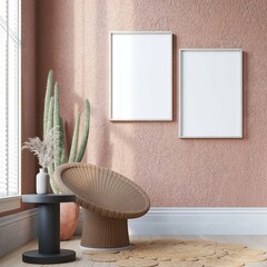 Modern Boho style interior background. poster mockup in cozy living room.