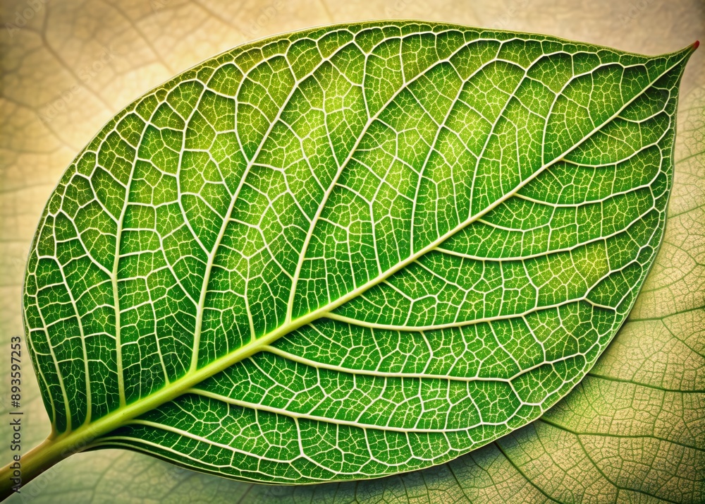 Poster vibrant green leaf with intricate network of highlighted veins and delicate edges stands out against