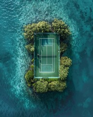 A tennis court on an island in the middle of the ocean, drone shot, blue water, amazing architecture, luxury, minimalism, photo realistic in the style of various artists.
