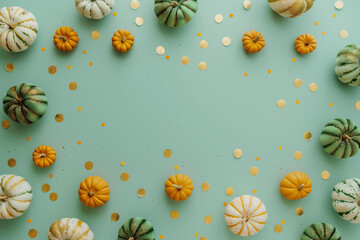 Fototapeta premium border frame with pastel green background with small gold and green velvet pumpkins and golden glitter confetti on the edges, minimalistic Halloween themed digital backdrop with copy space