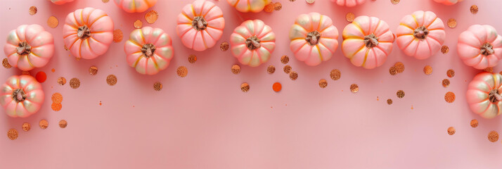 border frame with pastel pink background with small gold and pastel pink velvet pumpkins and golden glitter confetti on the edges, minimalistic Halloween themed digital backdrop with copy space