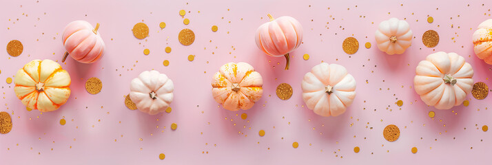 border frame with pastel pink background with small gold and pastel pink velvet pumpkins and golden glitter confetti on the edges, minimalistic Halloween themed digital backdrop with copy space