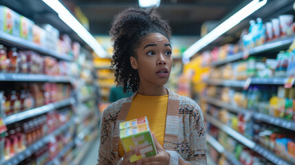 Surprised woman shopping in supermarket aisle holding box of cereal