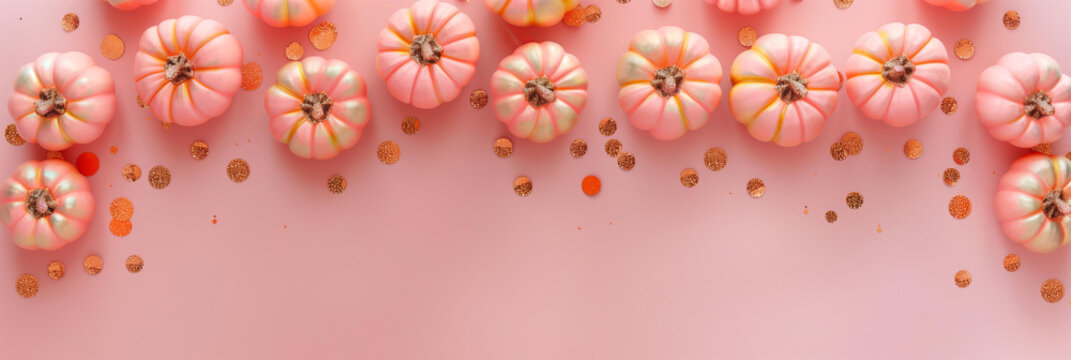 border frame with pastel pink background with small gold and pastel pink velvet pumpkins and golden glitter confetti on the edges, minimalistic Halloween themed digital backdrop with copy space