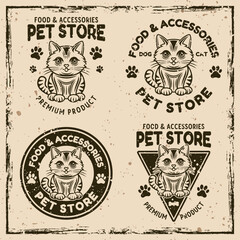 Pet store set of vector emblems concept with cute cartoon cat character illustration in vintage style on background with removable grunge textures