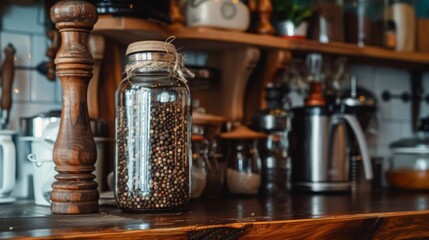 A jar of whole peppercorns and a pepper grinder on a kitchen shelf, ready for seasoning.