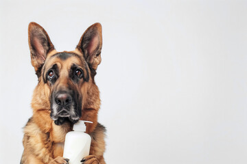 Fototapeta premium A German Shepherd holding a bottle of dog shampoo, looking attentive and ready for grooming