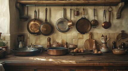 A kitchen scene with various cooking utensils, including pots and pans, arranged on a wooden countertop