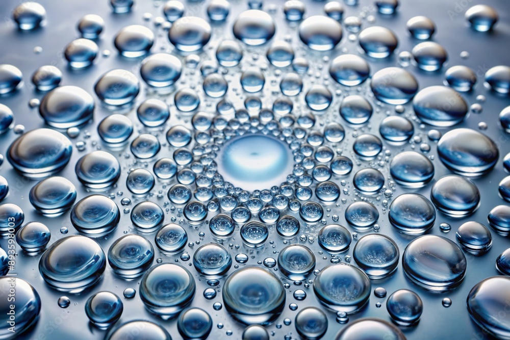 Poster crystal clear water droplets create a mesmerizing pattern on a pristine white background, showcasing