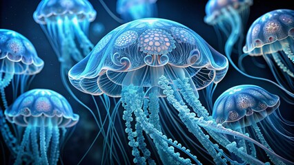 Obraz premium Vibrant blue jellyfish tentacles with intricate, translucent patterns flow gracefully against a dark background, showcasing their delicate, lace-like design in stunning detail.