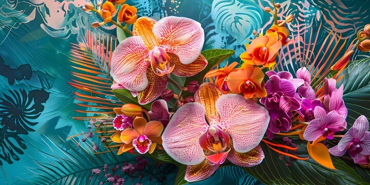 Artistic podium arrangement with a vibrant mix of exotic spring flowers such as orchids and anthuriums, against a backdrop of abstract spring-themed patterns 