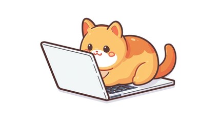 A cartoon orange cat is using a laptop