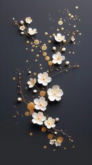 Elegant white flowers with gold accents on a black background.