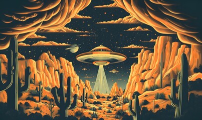 Alien illustration with UFO, rockets, aliens. For clothes, wrapping paper