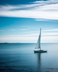 Fototapeta premium A serene scene of a solitary sailboat gliding on calm ocean waters under a blue sky 