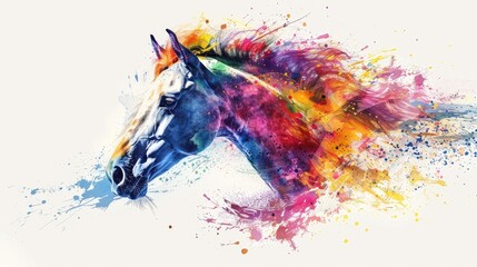 Naklejka premium A beautiful horse head rendered in an explosion of vibrant colors and dynamic brushstrokes, evoking energy and motion.