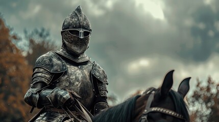 Obraz premium Medieval knight in full armor riding a horse in a forest setting