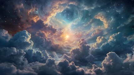 Dark stormy cloudscape with sun light and stars, dramatic clouds