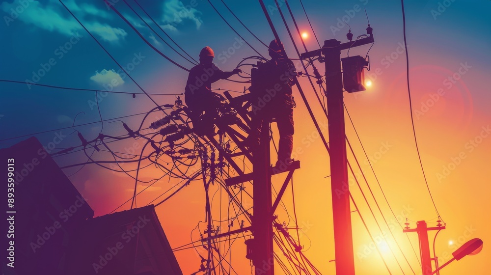Poster a maintenance worker repairing power lines, illustrating the importance of infrastructure upkeep.