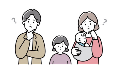 家族イラスト　表情　4人家族　子供　日本人　悩む　考える　若い	赤ちゃん　おしゃれ　シンプル　かわいい