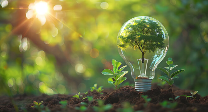 tree growing on light bulb with sunshine in nature and small plants growth stepe. saving energy and eco concept