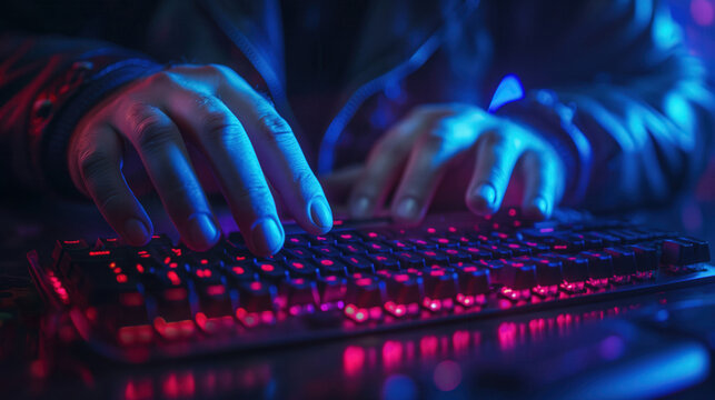 Closeup of hands typing on rgb gaming keyboard in low light environment