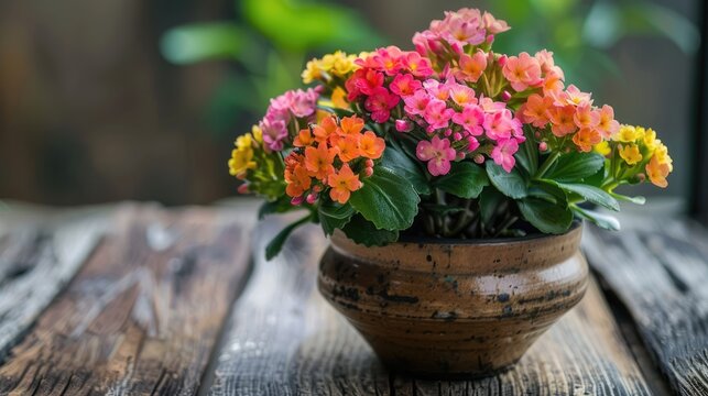 Vibrant Kalanchoe in pot on wood