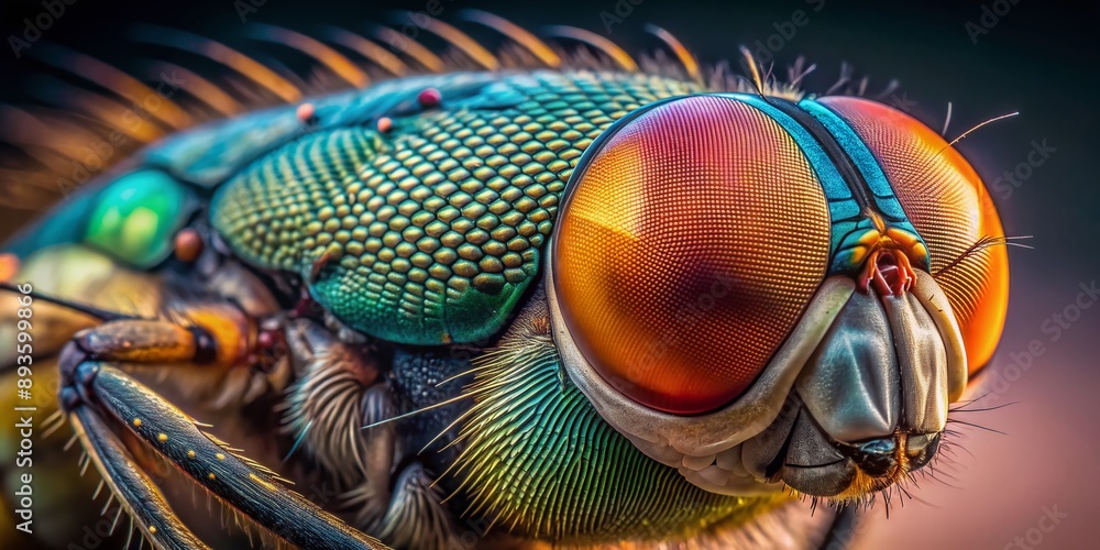 Poster macro shot of a fly's intricately structured compound eye, showcasing thousands of individual lenses