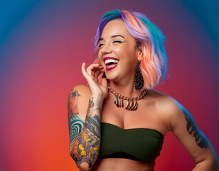 Psychedelic Studio Portrait of a Giggling Tattooed Woman with Copy Space