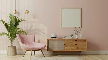 Pastel chair by wooden cabinet with poster and plant in living room